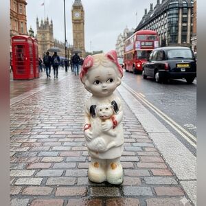 Vintage Bisque Ceramic Girl With Bows Figurine with Dog